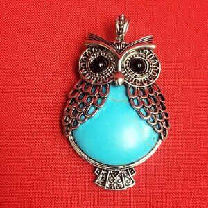 Large Ornate Faux Turquoise Owl Detailed Silver Tone Filigree Pendant